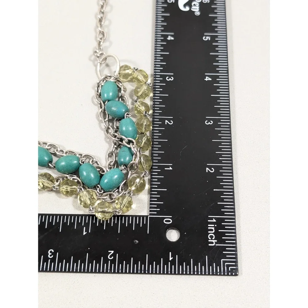 Beachy Coastal Green‎ Glass Stone Bead Layer Silver Tone Chain Necklace 19 in